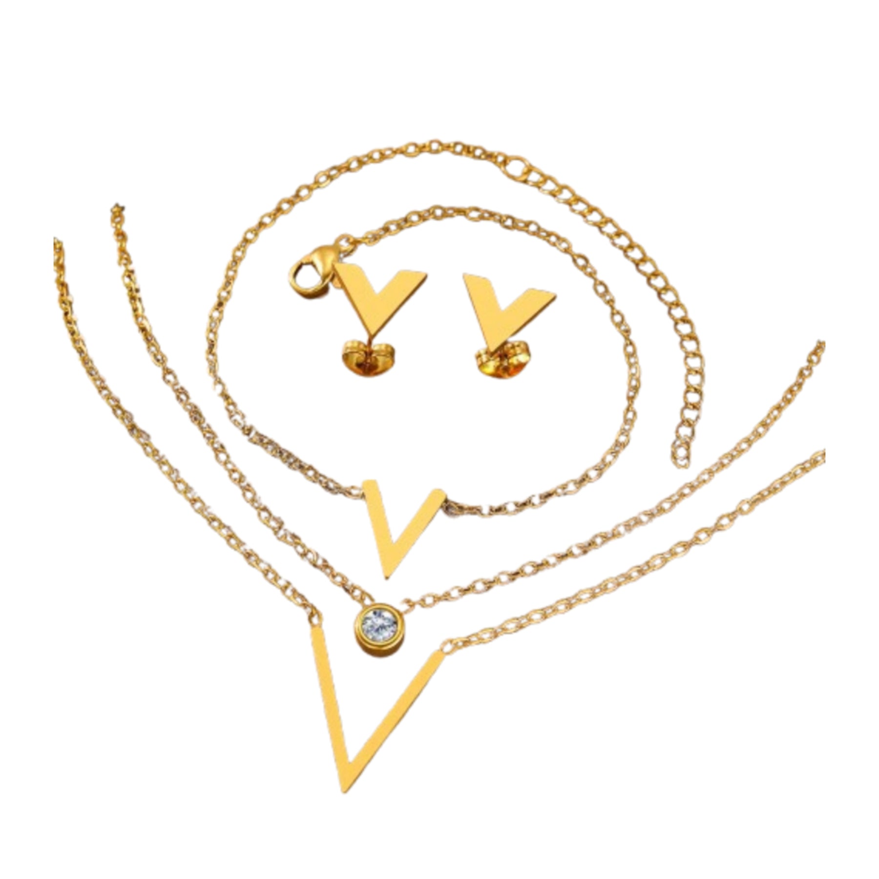 Conjunto Colar, Brinco Pulseira V Corrente Dupla