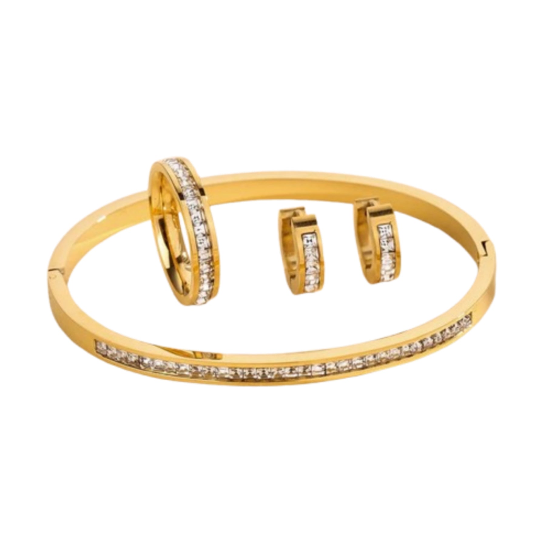 Conjunto Brinco, Pulseira e Anel Luxo Cravejado Zircônia