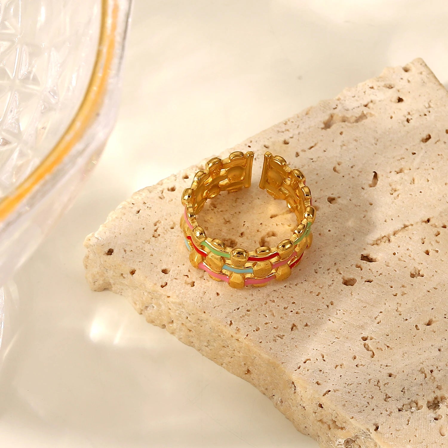 Anel Trançado Colorido Ajustável Banhado a Ouro 18k