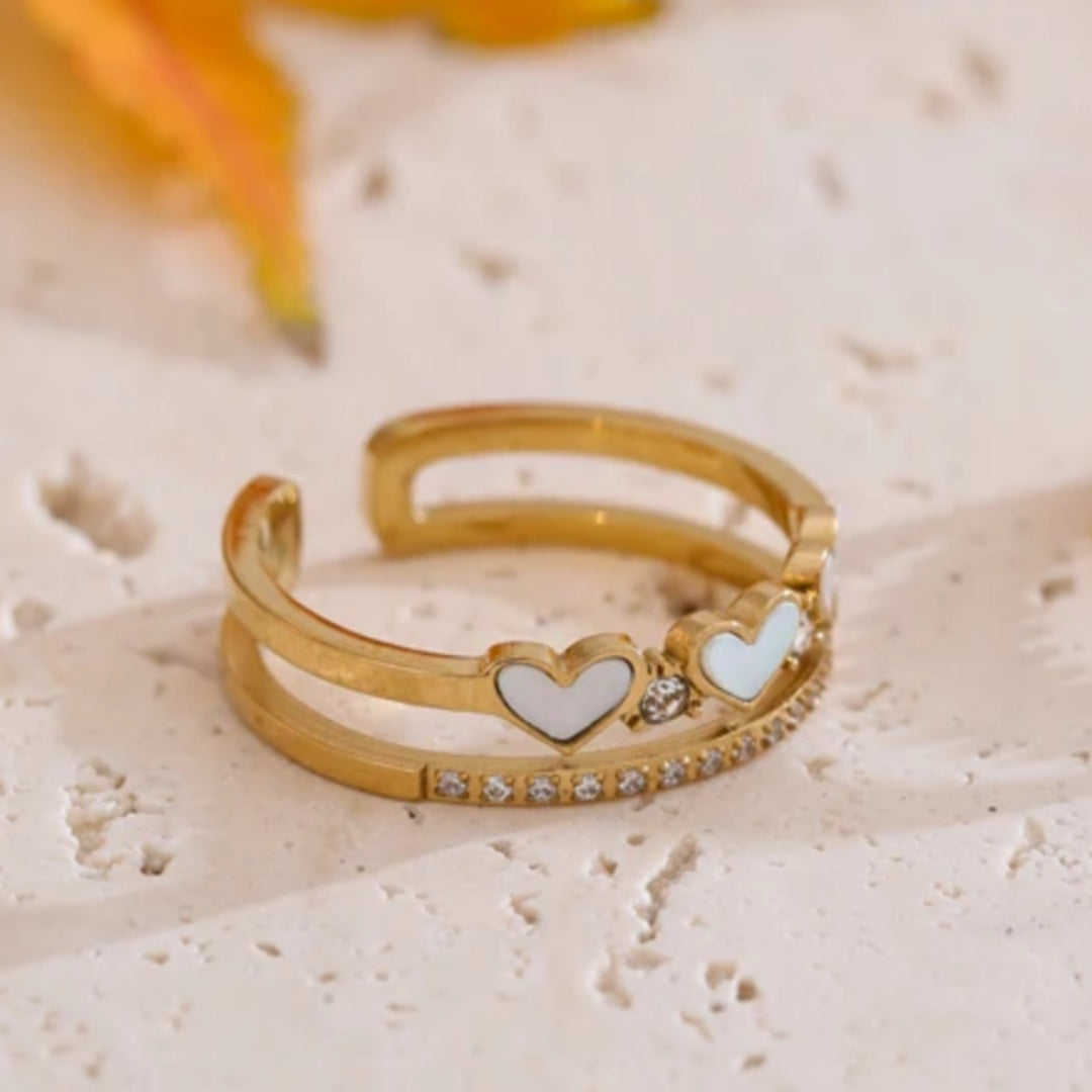 Anel Coração Branco Ajustável Banhado a Ouro 18K
