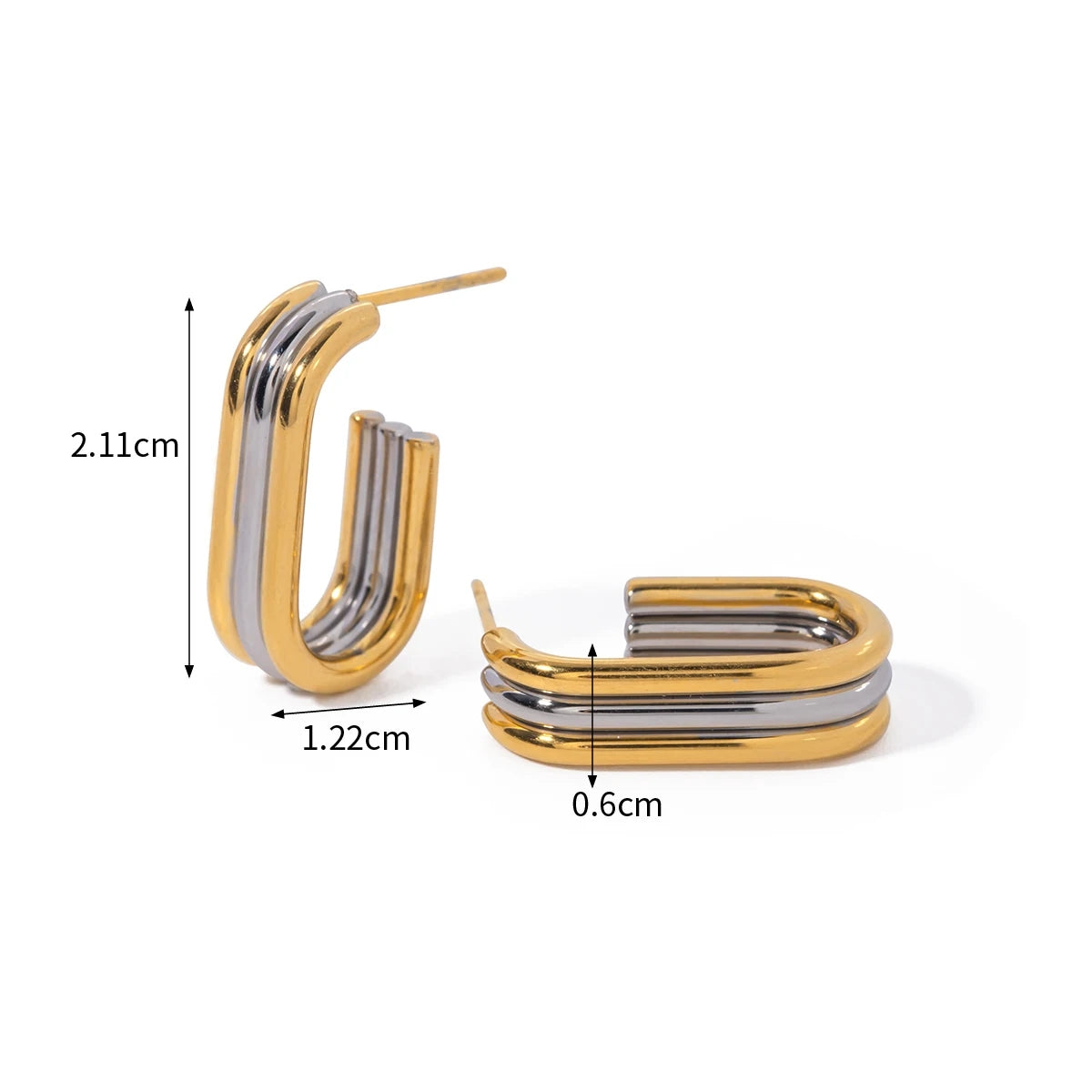 Brinco Argola Quadrada Camadas Bicolor Prata e Dourado