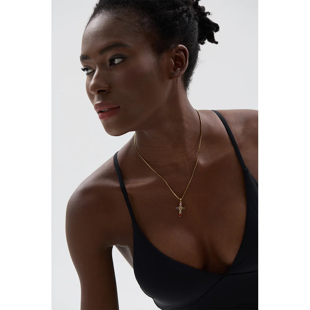 Colar Cruz Zircônia Colorida