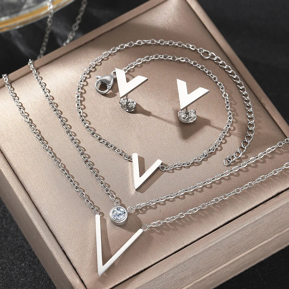 Conjunto Colar, Brinco Pulseira V Corrente Dupla