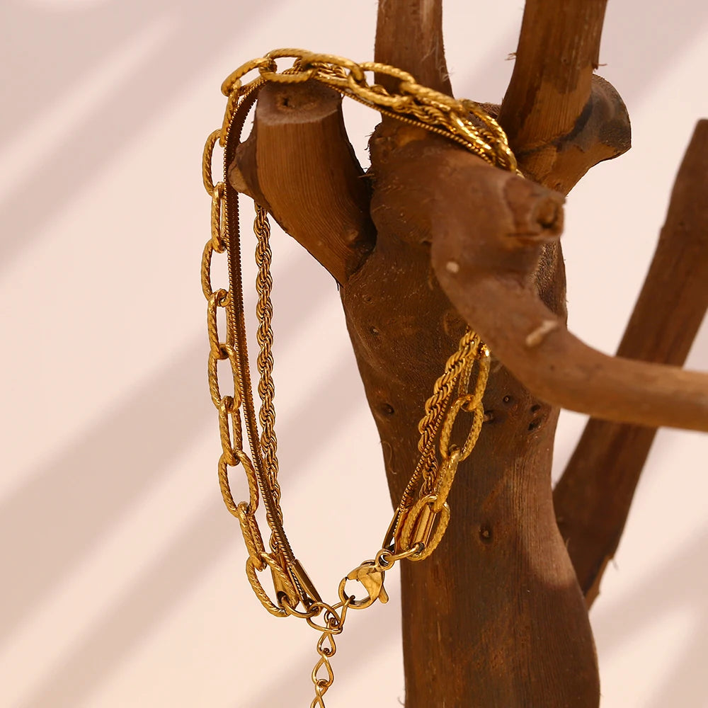 Pulseira Corrente Tripla Texturas Banhada a Ouro 18K