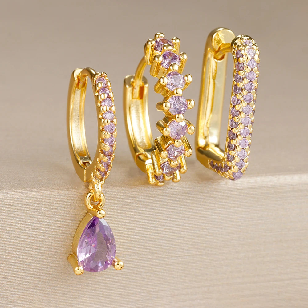 Brinco Argola Gota Três Peças Zircônia Colorida