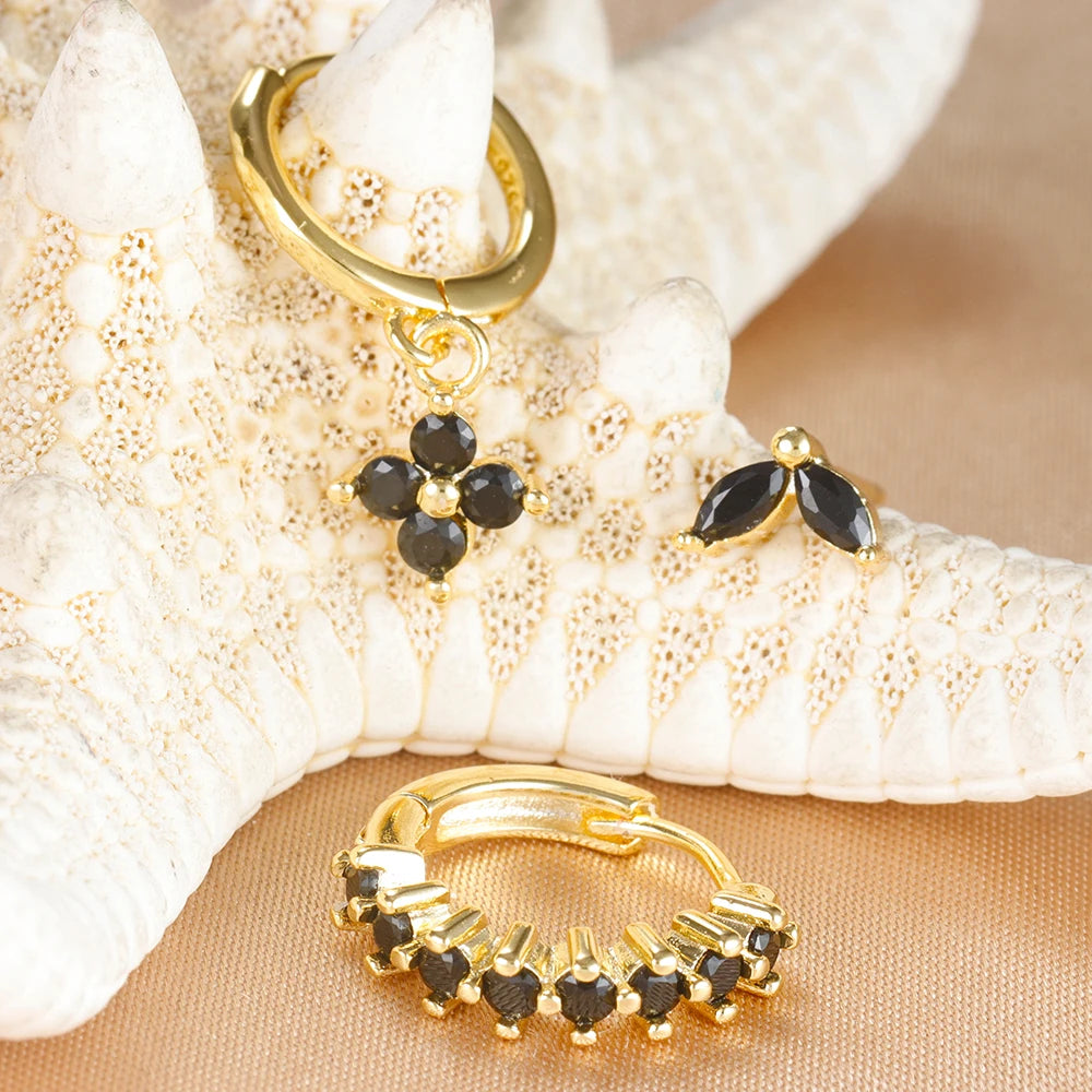 Brinco Argolas Pingente Flor Cravejada Zircônia Colorida Três Peças