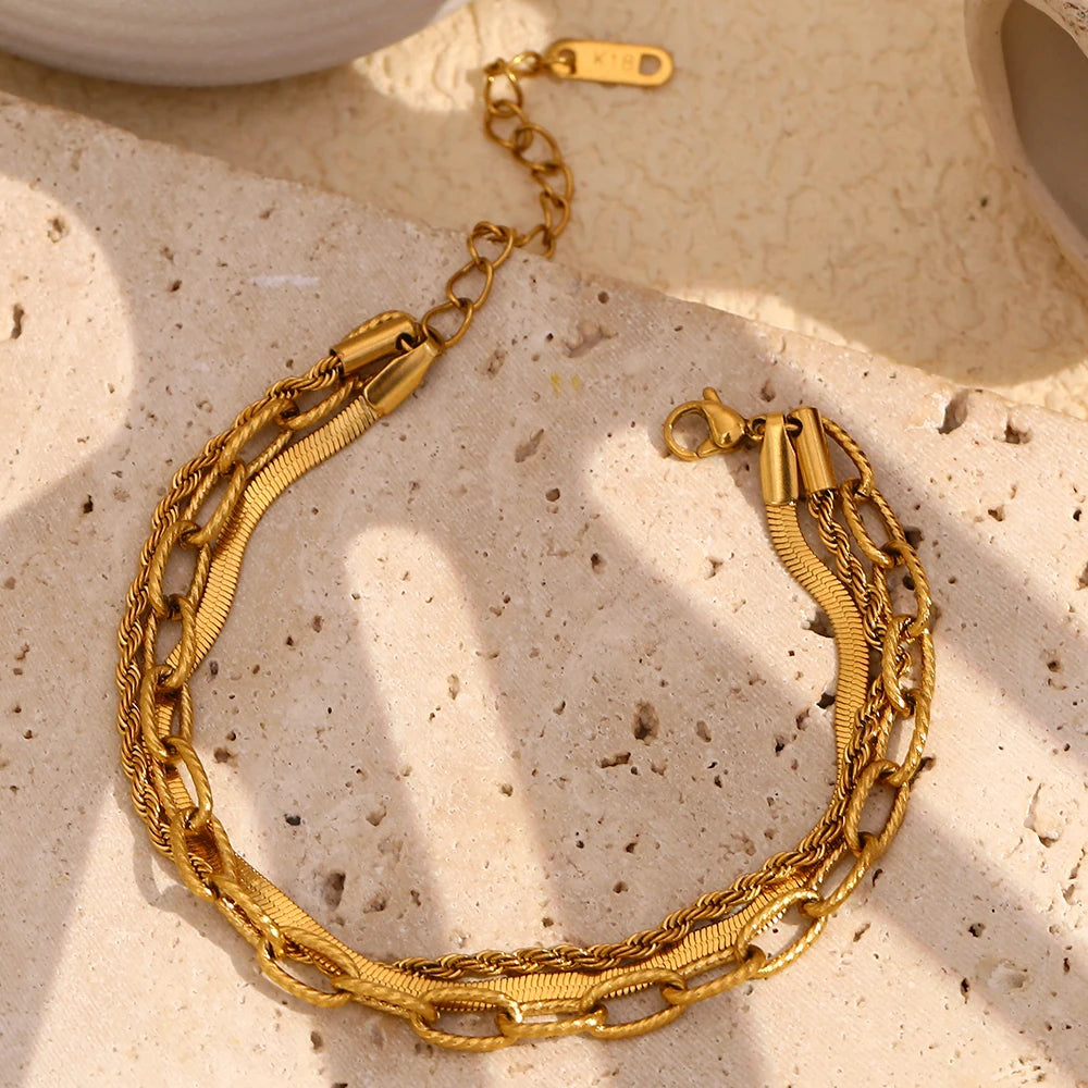 Pulseira Corrente Tripla Texturas Banhada a Ouro 18K