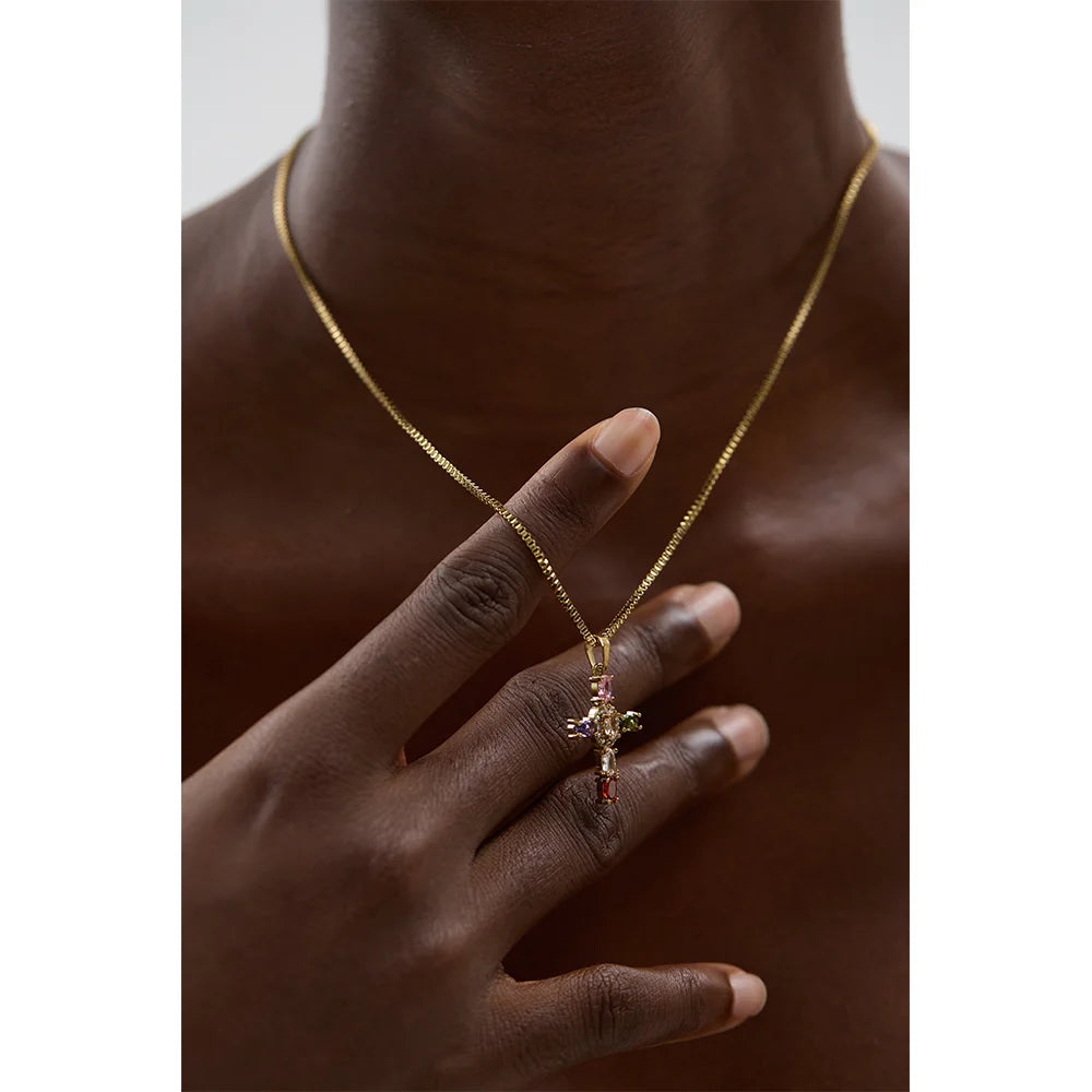 Colar Cruz Zircônia Colorida