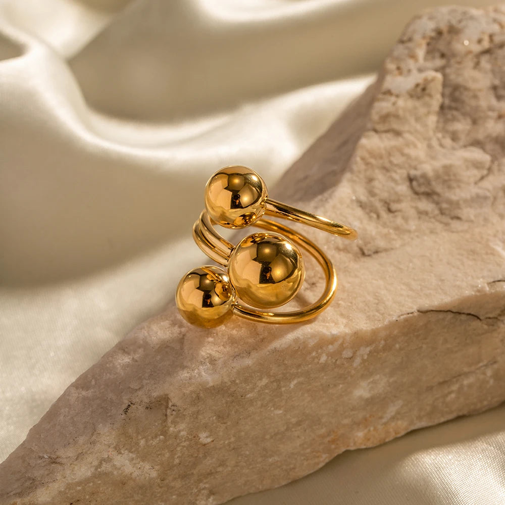 Anel Bolas Assimétricas Ajustável Banhado a Ouro 18K