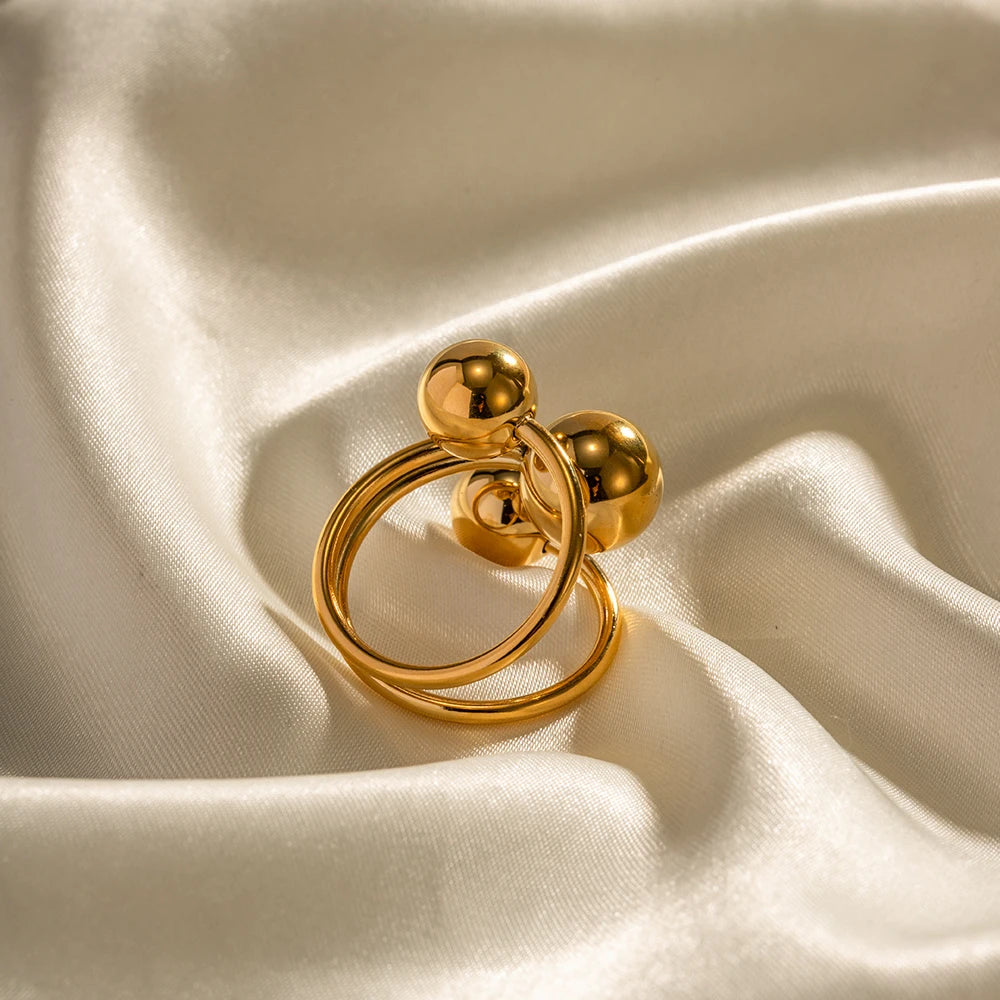 Anel Bolas Assimétricas Ajustável Banhado a Ouro 18K