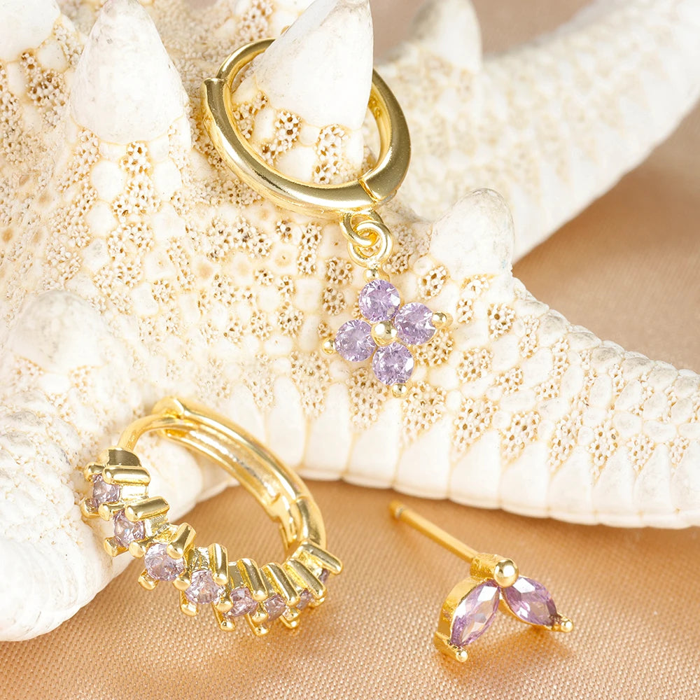 Brinco Argolas Pingente Flor Cravejada Zircônia Colorida Três Peças