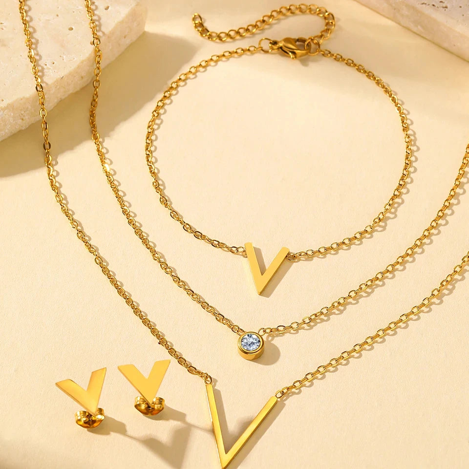 Conjunto Colar, Brinco Pulseira V Corrente Dupla