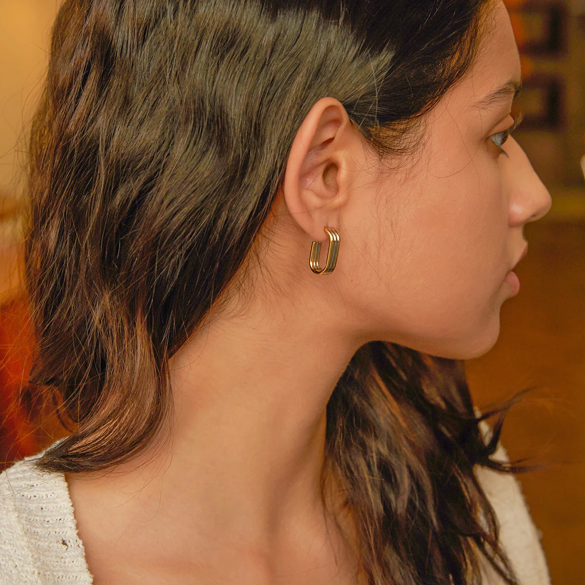 Brinco Argola Quadrada Camadas Bicolor Prata e Dourado