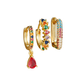 Brinco Argola Gota Três Peças Zircônia Colorida