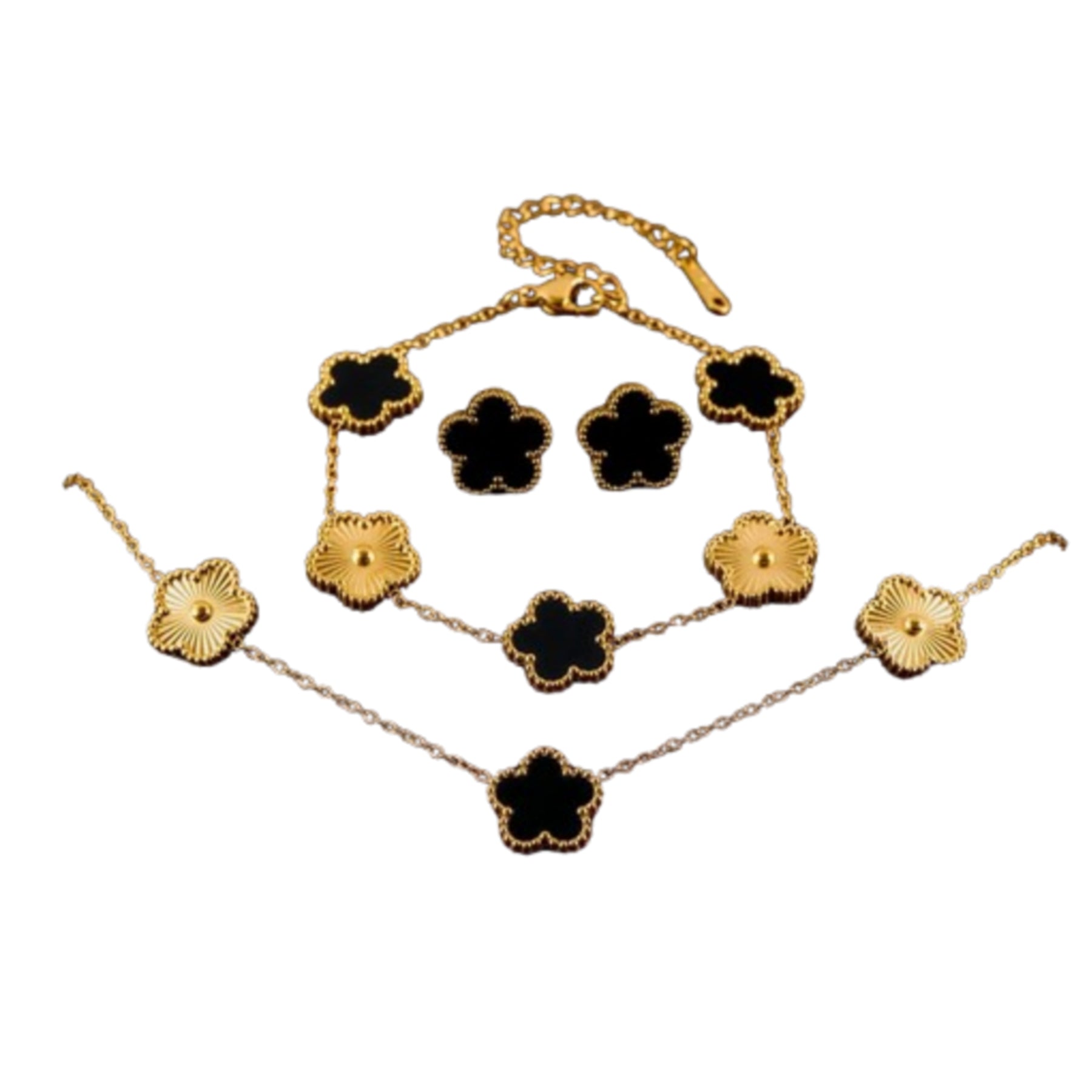 Conjunto Trevo Flor de Ameixa Colar, Brinco e Pulseira