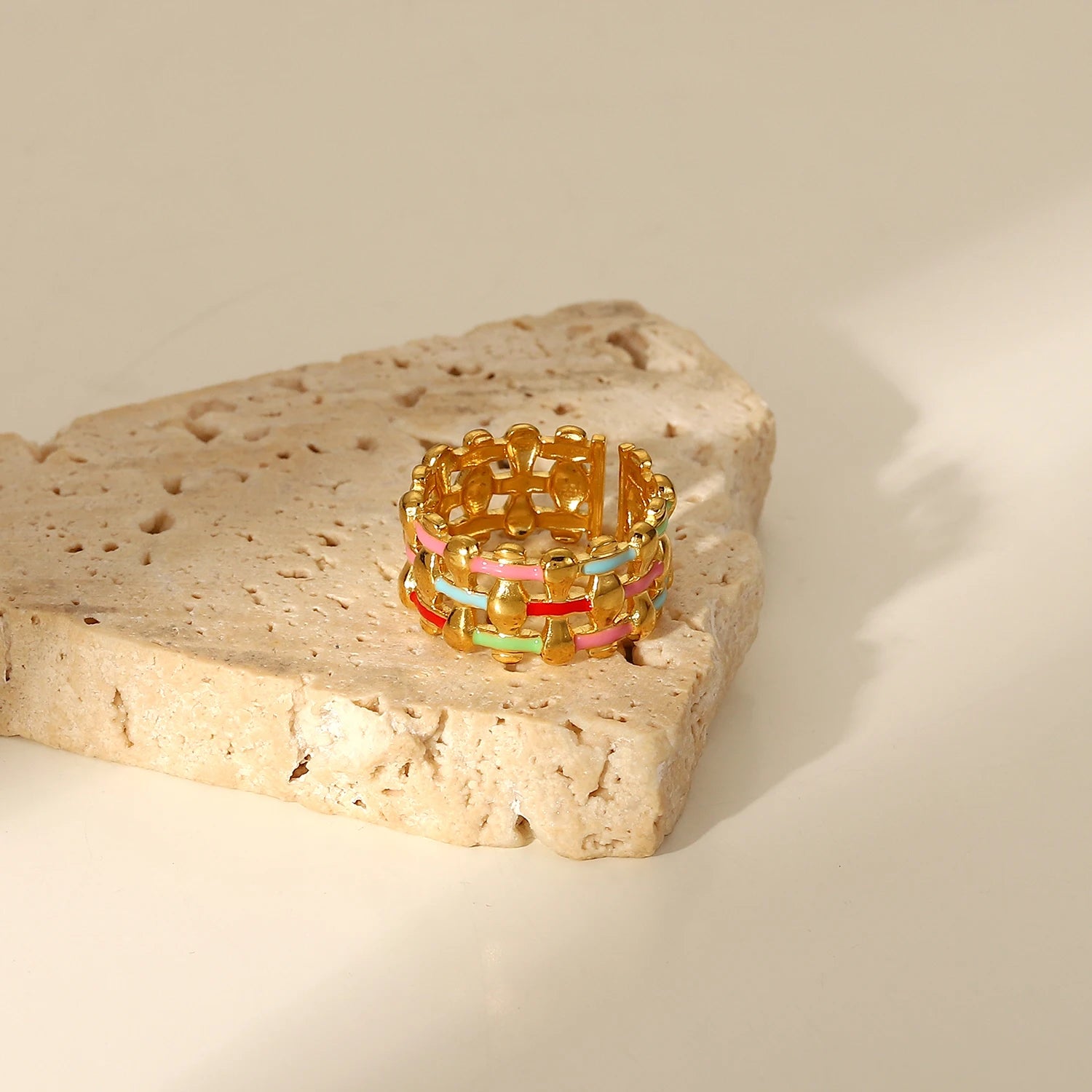 Anel Trançado Colorido Ajustável Banhado a Ouro 18k
