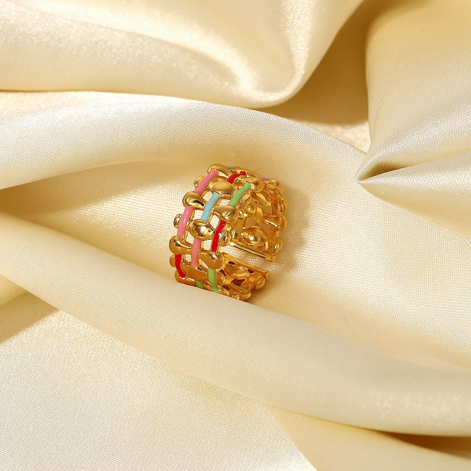Anel Trançado Colorido Ajustável Banhado a Ouro 18k