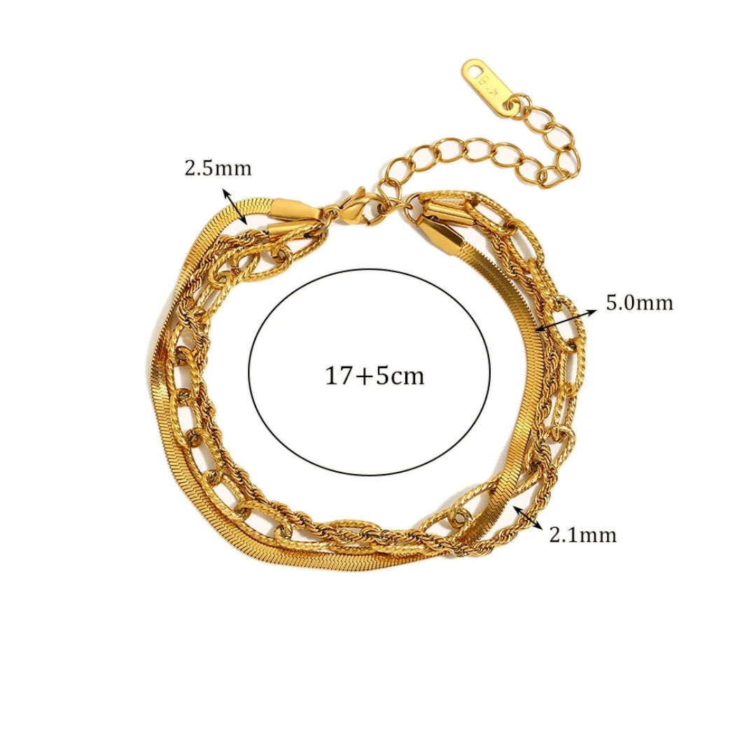 Pulseira Corrente Tripla Texturas Banhada a Ouro 18K