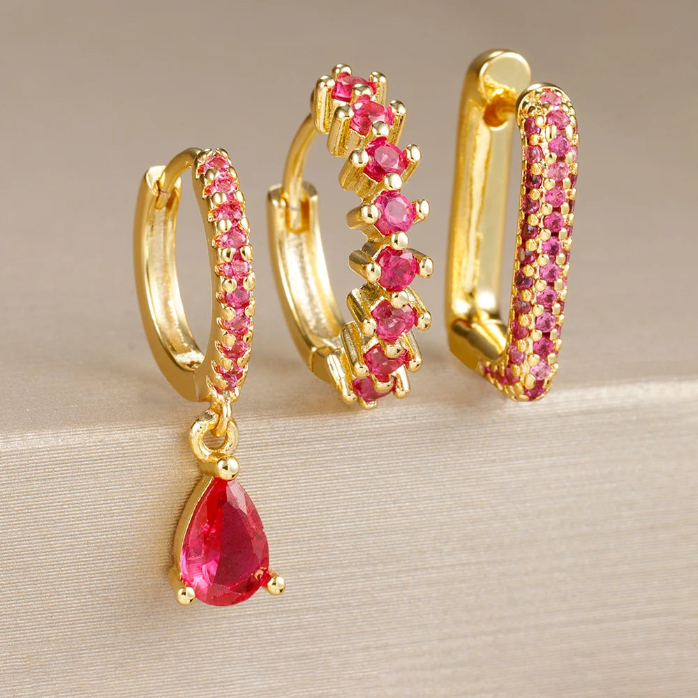 Brinco Argola Gota Três Peças Zircônia Colorida