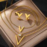 Conjunto Colar, Brinco Pulseira V Corrente Dupla