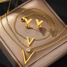 Conjunto Colar, Brinco Pulseira V Corrente Dupla