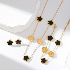 Conjunto Trevo Flor de Ameixa Colar, Brinco e Pulseira