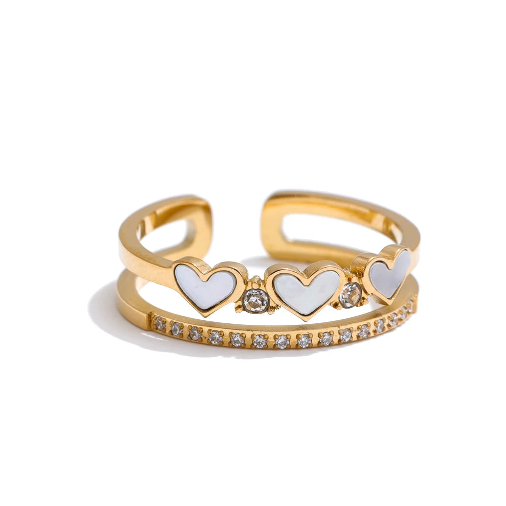 Anel Coração Branco Ajustável Banhado a Ouro 18K