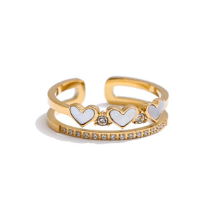 Anel Coração Branco Ajustável Banhado a Ouro 18K