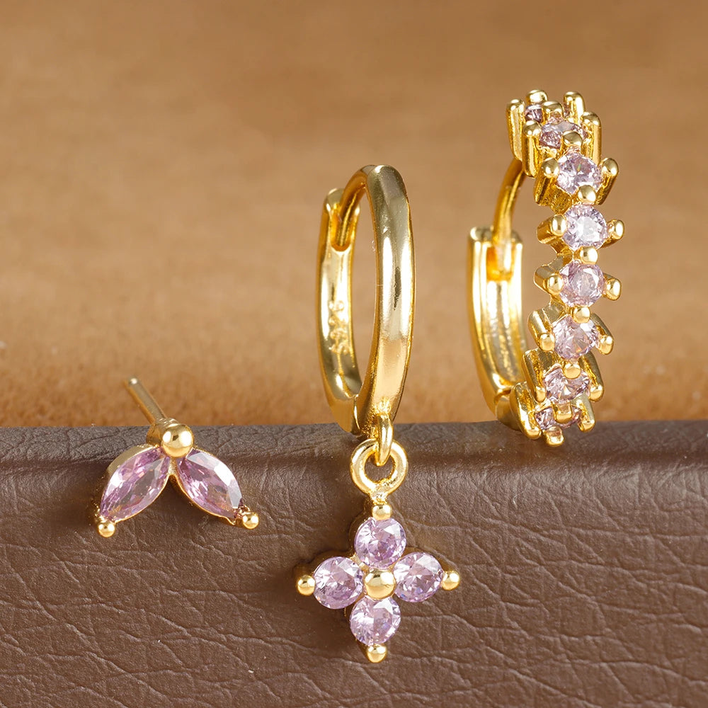 Brinco Argolas Pingente Flor Cravejada Zircônia Colorida Três Peças