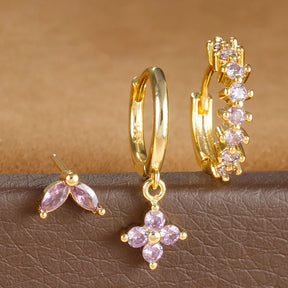 Brinco Argolas Pingente Flor Cravejada Zircônia Colorida Três Peças