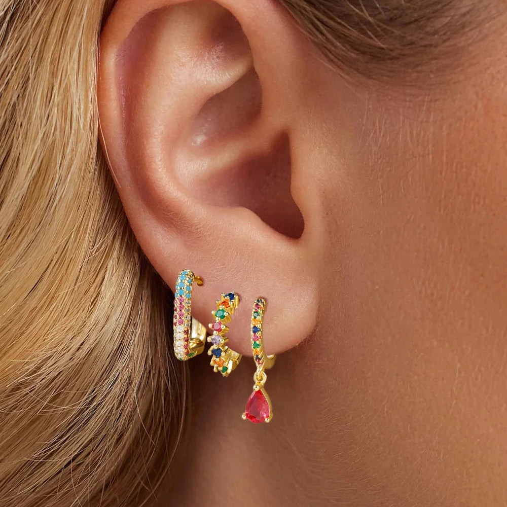 Brinco Argola Gota Três Peças Zircônia Colorida