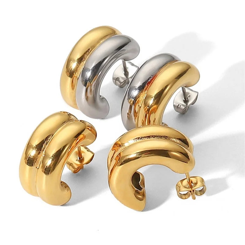 Brinco Argola Minimalista Bicolor Prata e Dourado Banhado a Ouro18K
