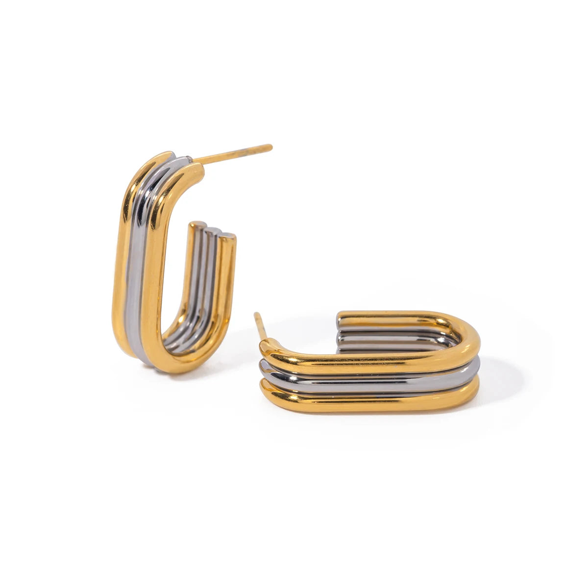 Brinco Argola Quadrada Camadas Bicolor Prata e Dourado