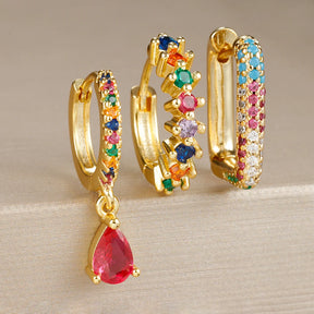 Brinco Argola Gota Três Peças Zircônia Colorida