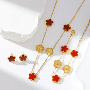 Conjunto Trevo Flor de Ameixa Colar, Brinco e Pulseira